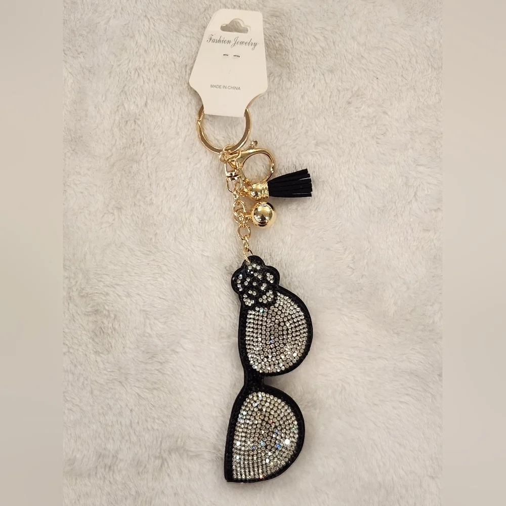Elegant Black and Silver Rhinestone Sunglasses Keychain Bag Charm